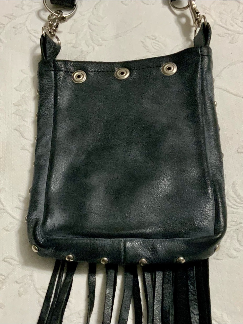 Leather Biker Crossbody Bag with Silver Studs and Fringe, Hip Bag - Picture 5 of 8